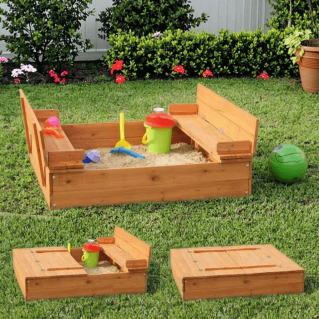 Wooden Sandbox with Canopy Playhouse | Kids Outdoor Sandpit with Raised Play Deck & Shade Cover