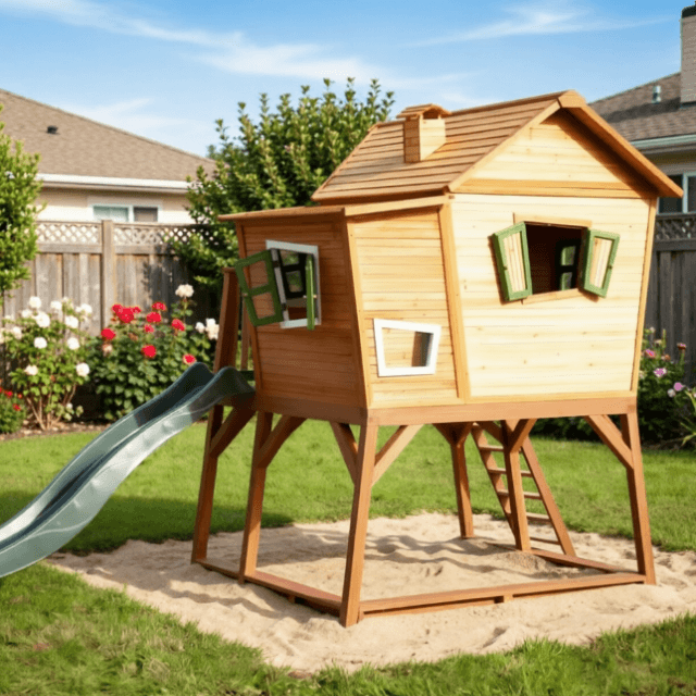 Whimsical Raised Wooden Playhouse with Slide | Custom Kids Backyard Treehouse Factory