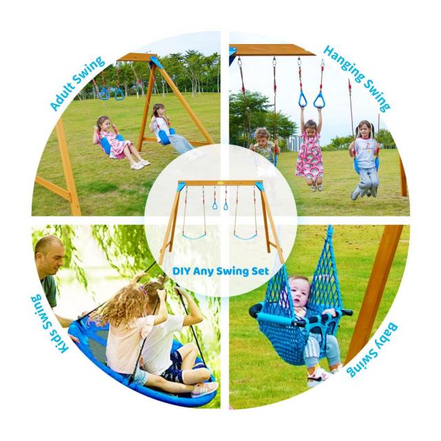 Wooden A-Frame Swing Set Trapeze Rings & DIY Attachments Backyard Playground for Kids & Adults ASTM Certified Playset