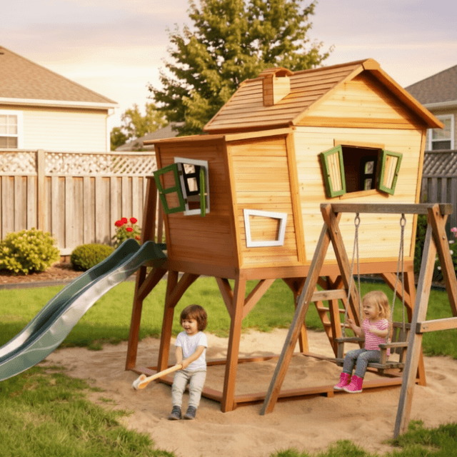 Whimsical Raised Wooden Playhouse with Slide | Custom Kids Backyard Treehouse Factory