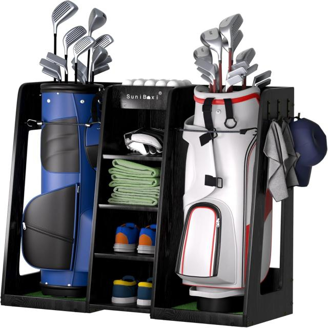 SuniBoxi Durable Wooden Golf Storage Rack – Garage Organizer for 2 Bags, Gift for Dad Clubs & Accessories