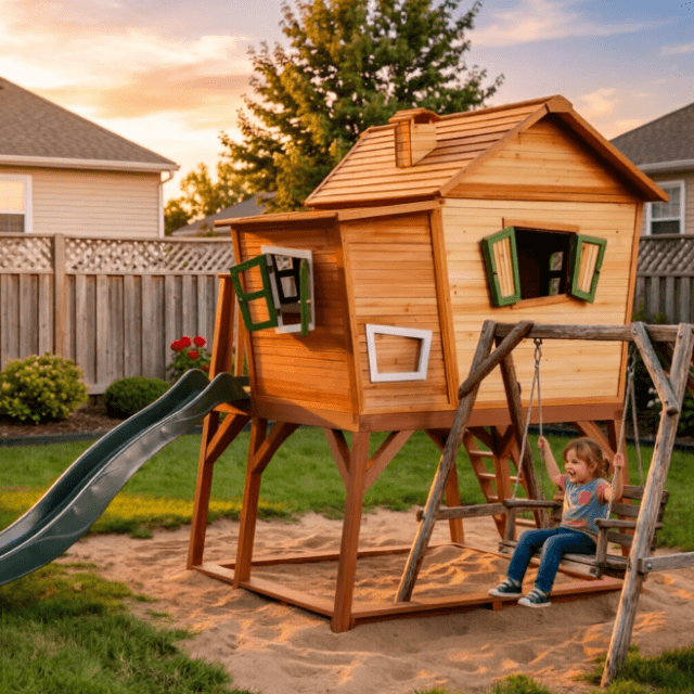 Whimsical Raised Wooden Playhouse with Slide | Custom Kids Backyard Treehouse Factory