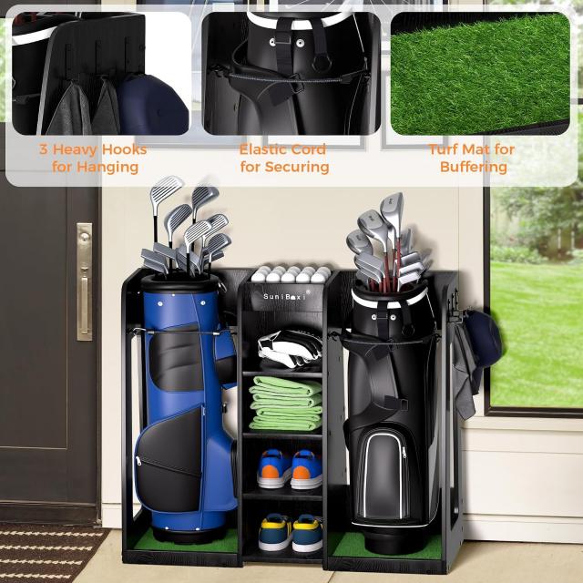 SuniBoxi Durable Wooden Golf Storage Rack – Garage Organizer for 2 Bags, Gift for Dad Clubs & Accessories
