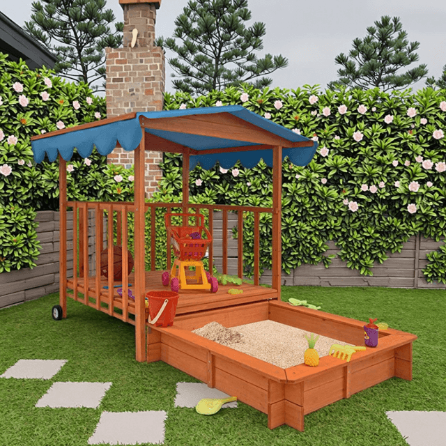 Wooden Sandbox with Canopy Playhouse | Kids Outdoor Sandpit with Raised Play Deck & Shade Cover