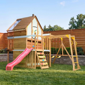 Large Wooden Swing Set Playground with Playhouse Slide Monkey Bars & Climbing Ladder – Kids Outdoor Adventure Playhouse
