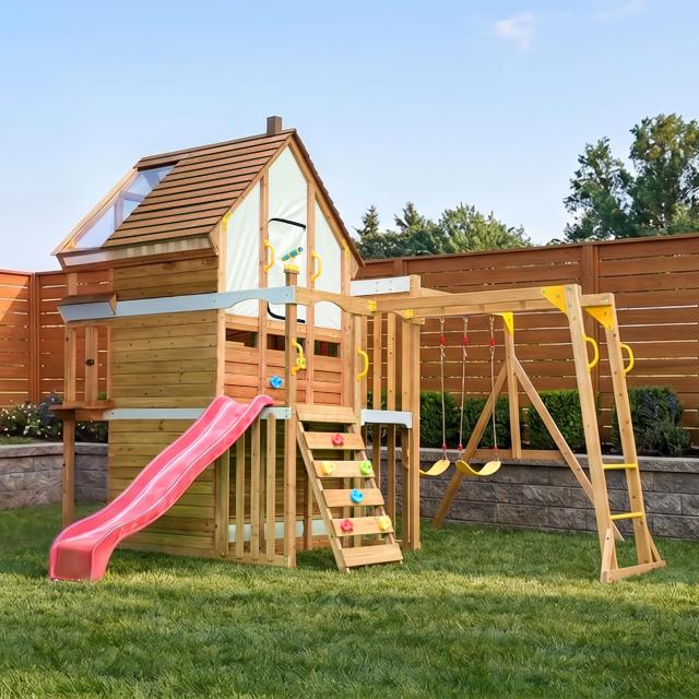 Large Wooden Swing Set Playground with Playhouse Slide Monkey Bars & Climbing Ladder – Kids Outdoor Adventure Playhouse