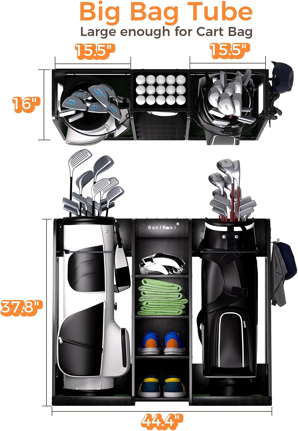 SuniBoxi Durable Wooden Golf Storage Rack – Garage Organizer for 2 Bags, Gift for Dad Clubs & Accessories