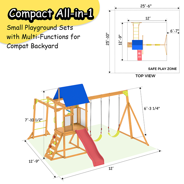 Wooden Swing Set Factory Direct – All-in-One Backyard Playset with Slide, Monkey Bars, Climbing Wall & Swings