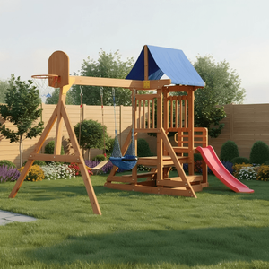 Wooden Swing Sets for Backyard: 6-in-1 Outdoor Playset for Kids with Wave Slide, Rock Climbing Wall, Sandbox, And 2 Swings