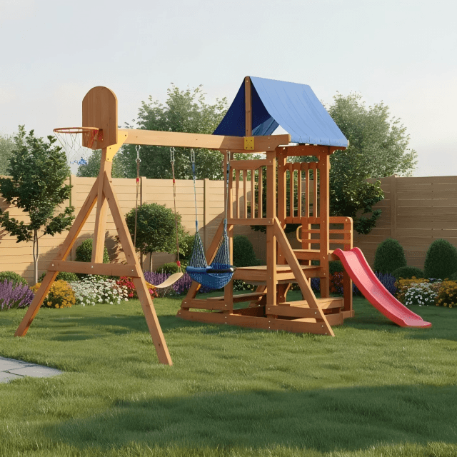 Wooden Swing Sets for Backyard: 6-in-1 Outdoor Playset for Kids with Wave Slide, Rock Climbing Wall, Sandbox, And 2 Swings