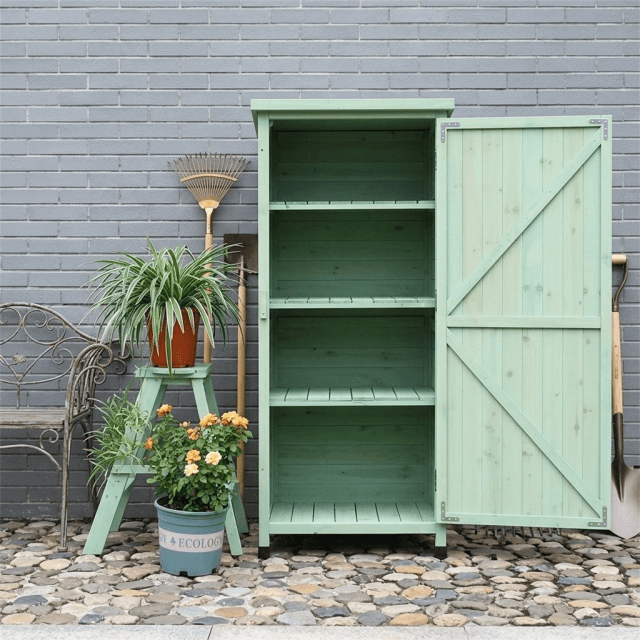 Solid Wood Garden Storage Cabinet - Outdoor Wooden Tool Shed with 4-Tier Shelves