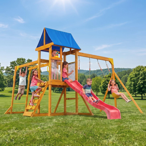 Wooden Swing Set Factory Direct – All-in-One Backyard Playset with Slide, Monkey Bars, Climbing Wall & Swings