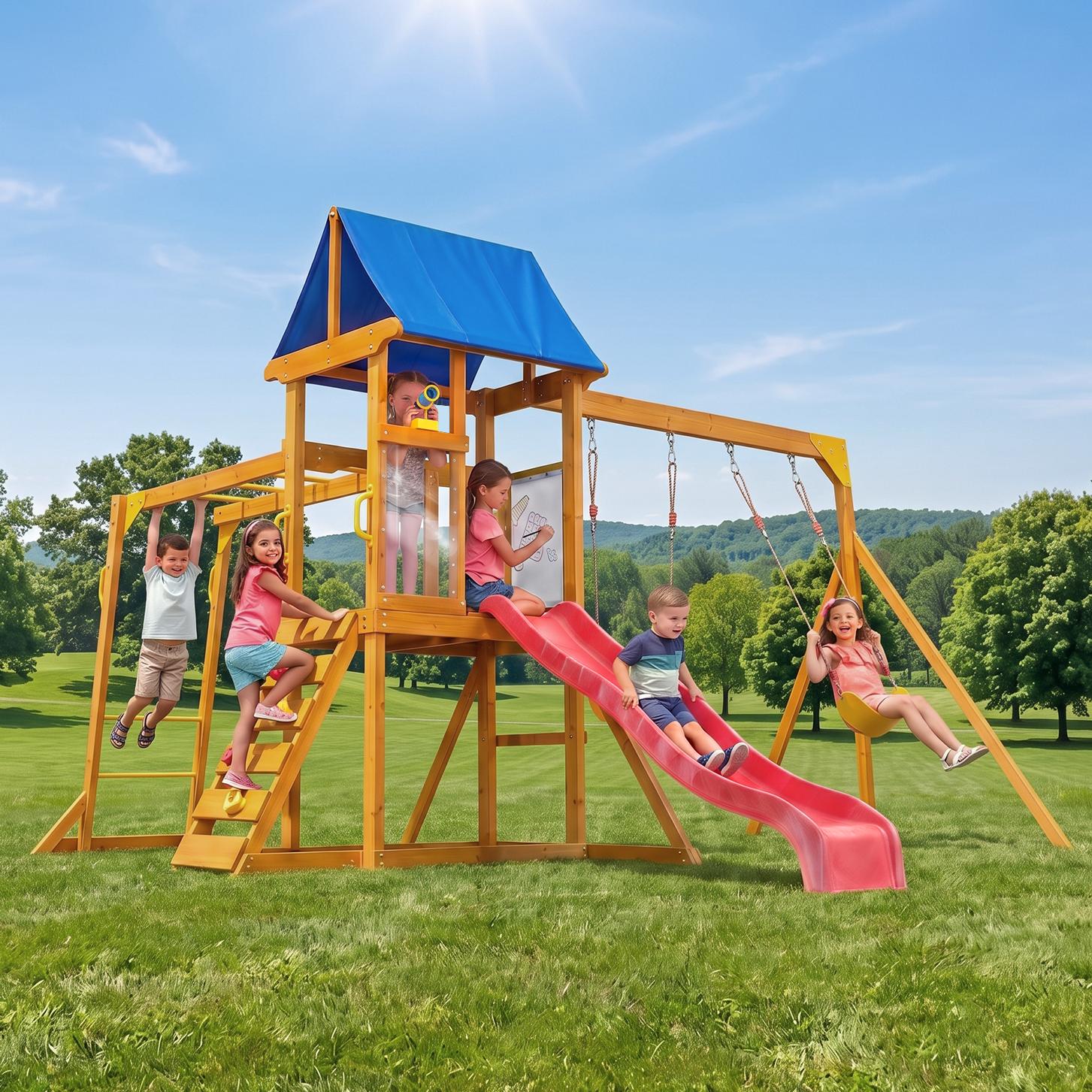 Wooden Swing Set Factory Direct – All-in-One Backyard Playset with Slide, Monkey Bars, Climbing Wall & Swings