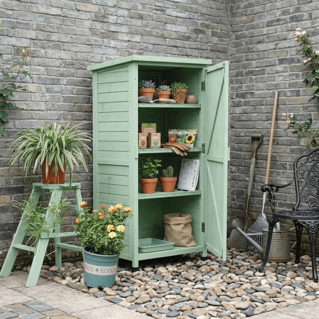 Solid Wood Garden Storage Cabinet - Outdoor Wooden Tool Shed with 4-Tier Shelves