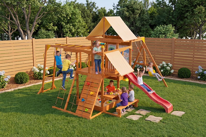 Wooden Swing Sets for Backyard, Kids Outdoor Playground Set with Monkey Bars, Slide, Swings, Climbing Ladder, Rock Wall, Picnic Table with Canopy 