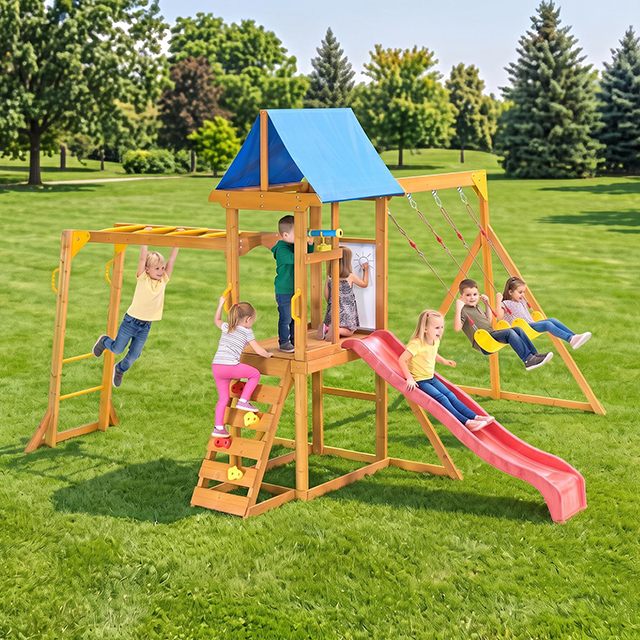 Wooden Swing Set Factory Direct – All-in-One Backyard Playset with Slide, Monkey Bars, Climbing Wall & Swings