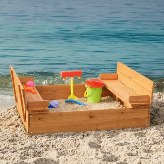 Wooden Sandbox with Canopy Playhouse | Kids Outdoor Sandpit with Raised Play Deck & Shade Cover