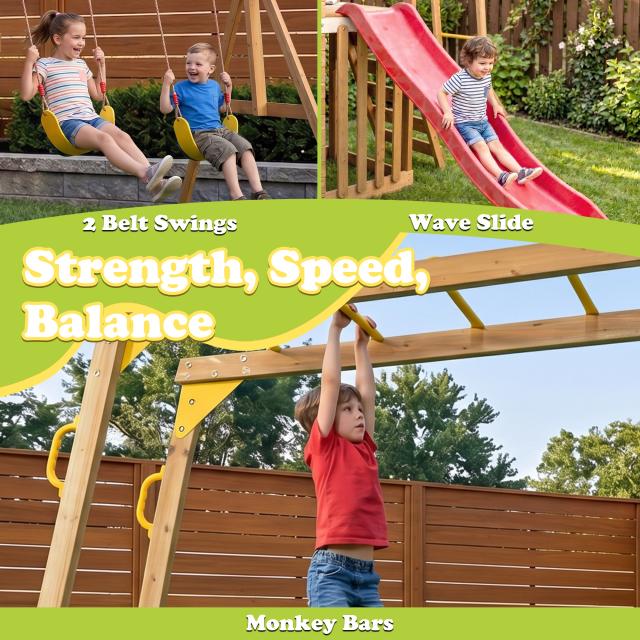 Large Wooden Swing Set Playground with Playhouse Slide Monkey Bars & Climbing Ladder – Kids Outdoor Adventure Playhouse