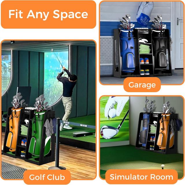 SuniBoxi Durable Wooden Golf Storage Rack – Garage Organizer for 2 Bags, Gift for Dad Clubs & Accessories