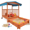 Wooden Sandbox with Canopy Playhouse | Kids Outdoor Sandpit with Raised Play Deck & Shade Cover