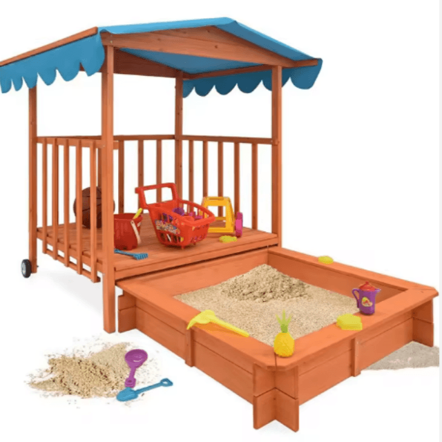 Wooden Sandbox with Canopy Playhouse | Kids Outdoor Sandpit with Raised Play Deck & Shade Cover