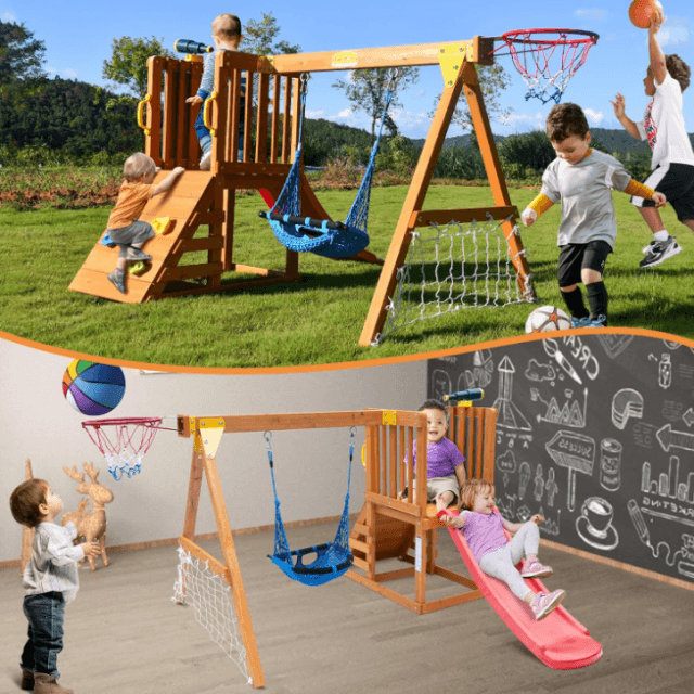 Wooden Backyard Playset with Toddler Swing Set & Slide